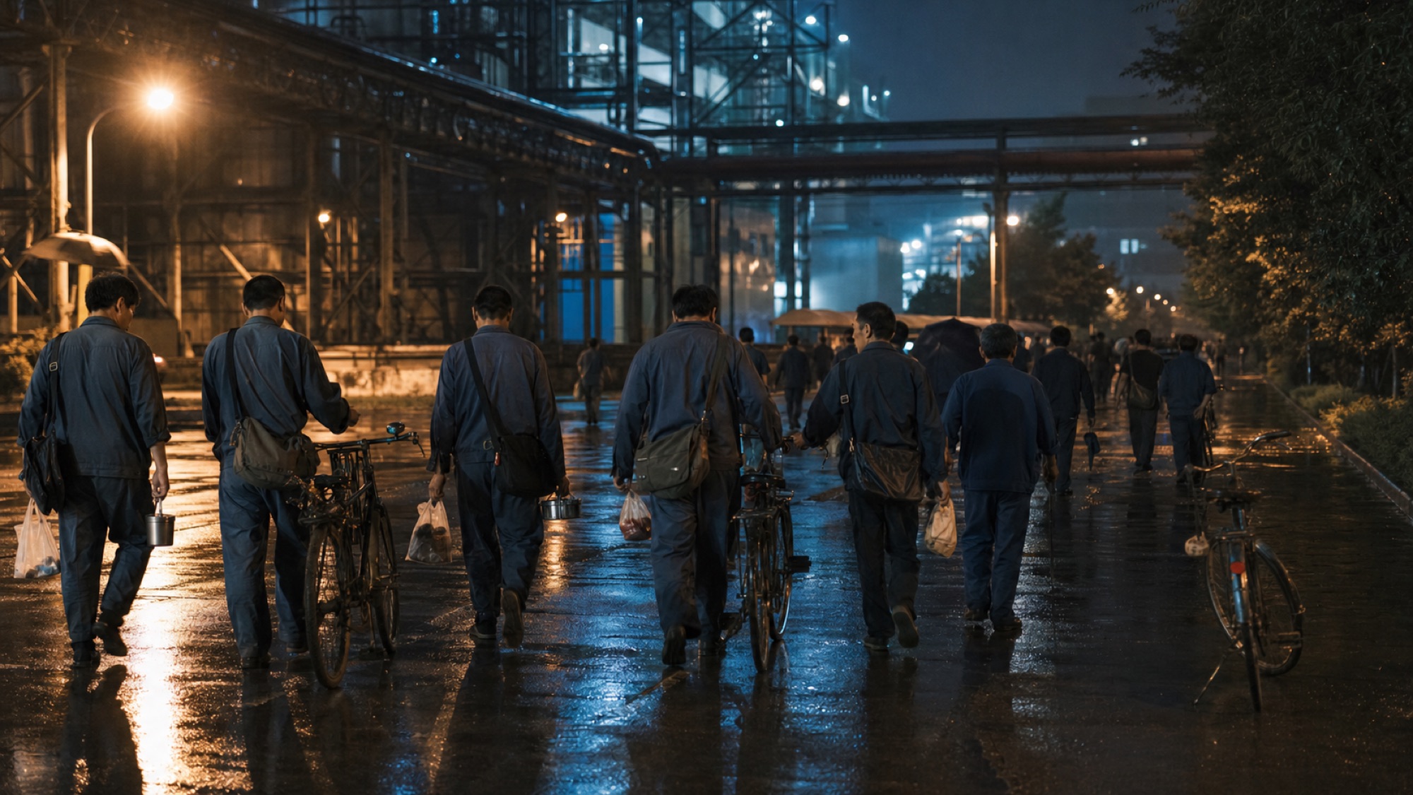 夜班工人推着自行车走过雨后的厂区，灯光倒映在地面