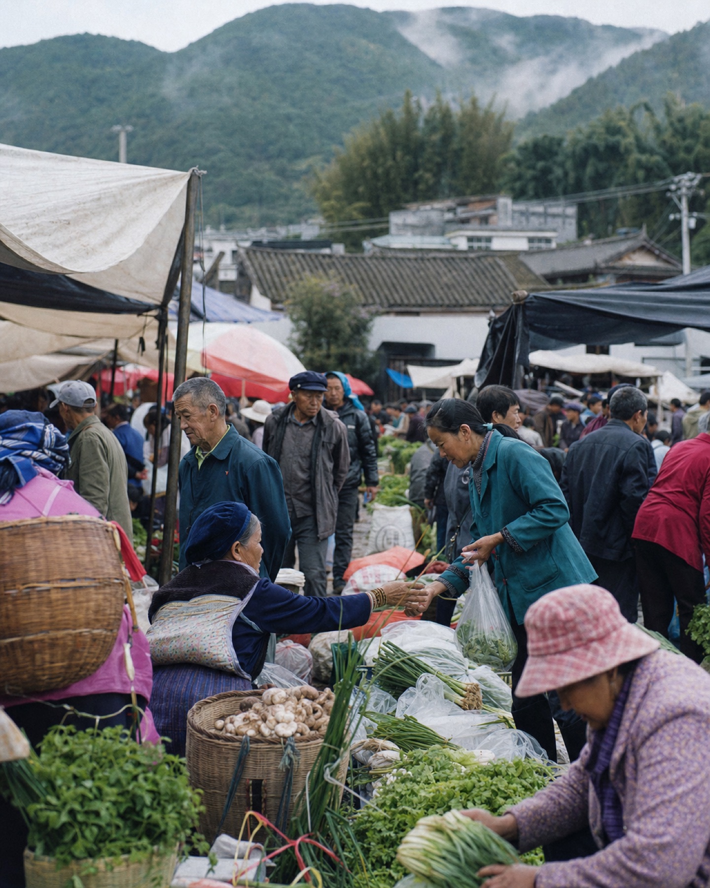 清晨街市里摊主整理蔬菜，顾客从雨棚间走过